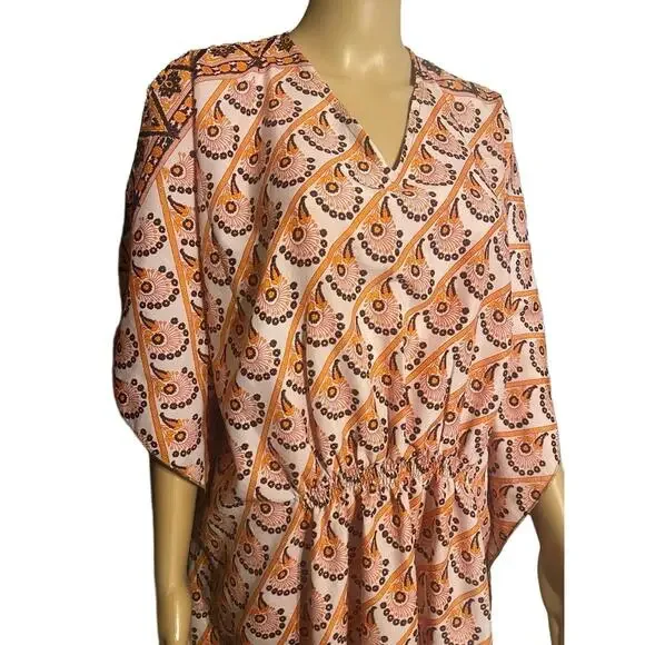 Kaftan Dress OSFM Pink Orange Bohemian Elastic Cinch Flowy - Picture 5 of 8